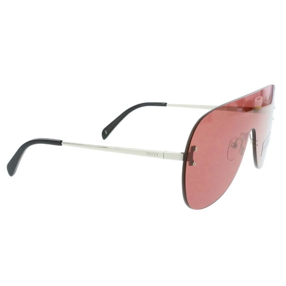$370 Emilio Pucci Shield Sunglasses Silver Frame Red Lens Temple Logos Designer main image 9